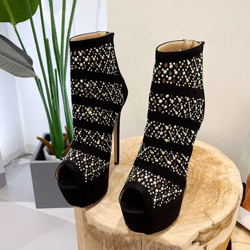 Autumn Hollow Out Rhinestone Mesh Ankle Boots Black