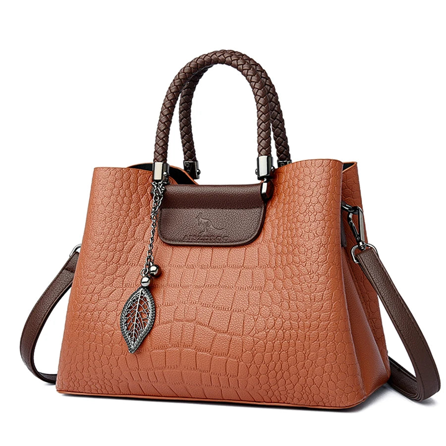 3 Layers pu leather animal texture handbag Brown