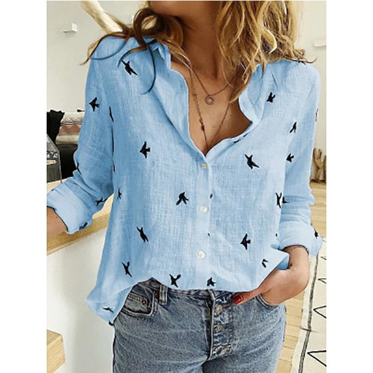 New Elegant Cotton Linen Shirts Birds Print Blue