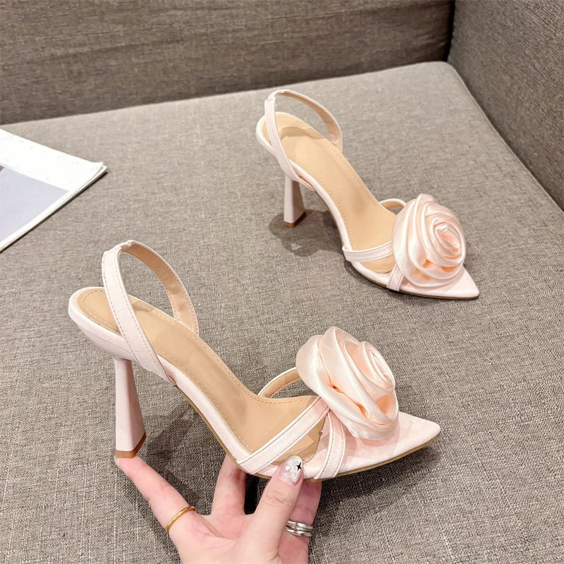 Fashion Satin Rose Flower Pointed Open Toe Back Strap high heels Sandals