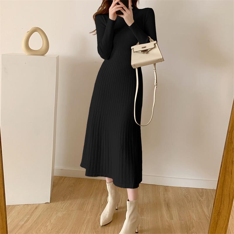 A line Long Sleeve Knitted Mid-calf Fashion Dress Black