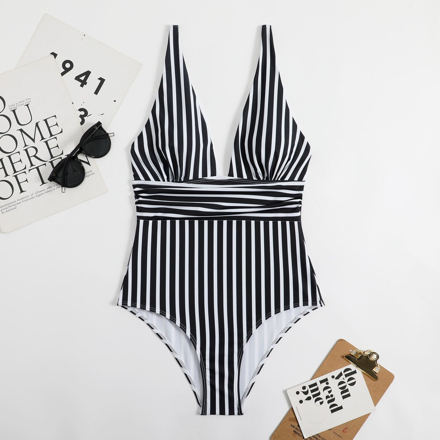 Striped Plunge One Piece Swimsuit