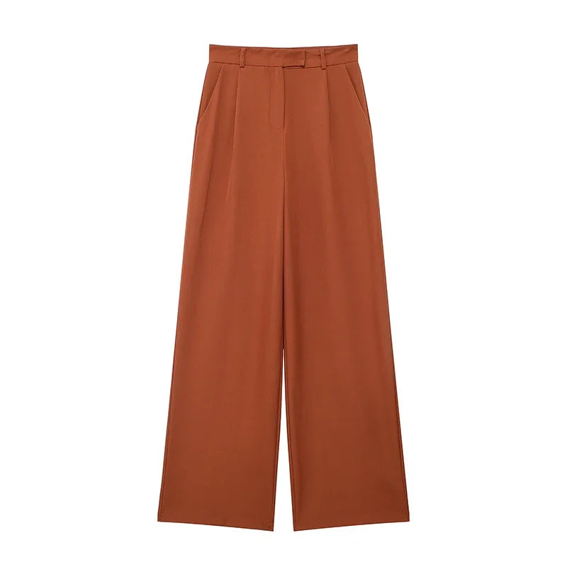 Zipper Straight Vintage High Waist Trousers Brown