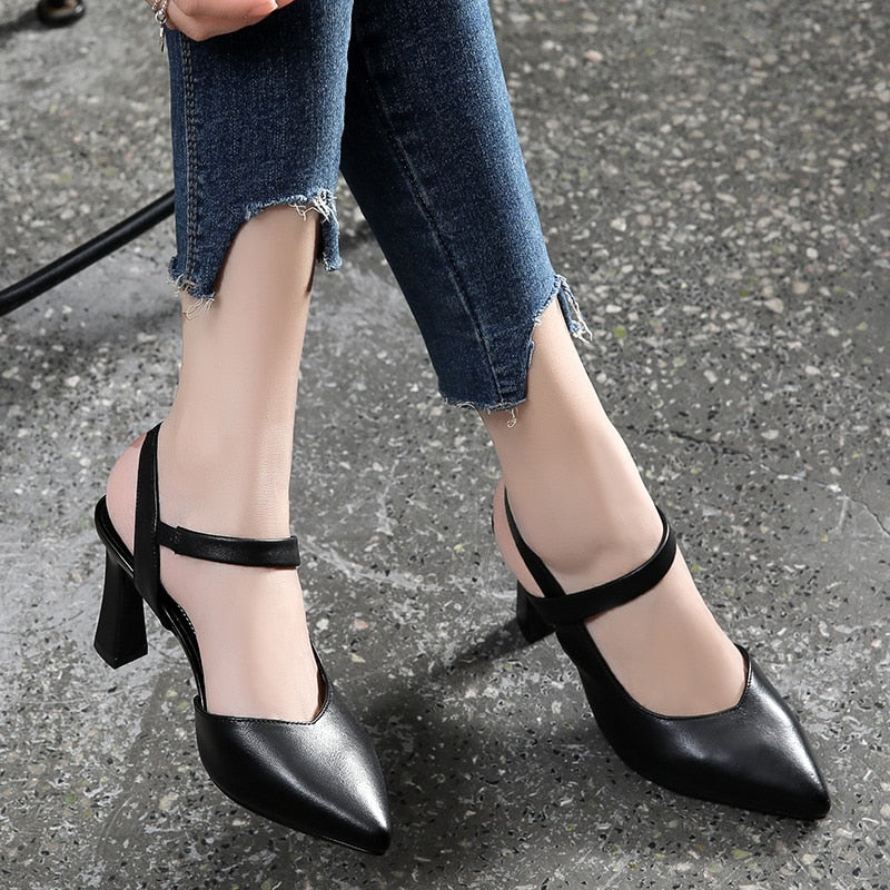 New Soft pu Leather Solid Color high heel sandals Black