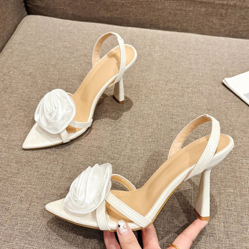 Fashion Satin Rose Flower Pointed Open Toe Back Strap high heels Sandals White