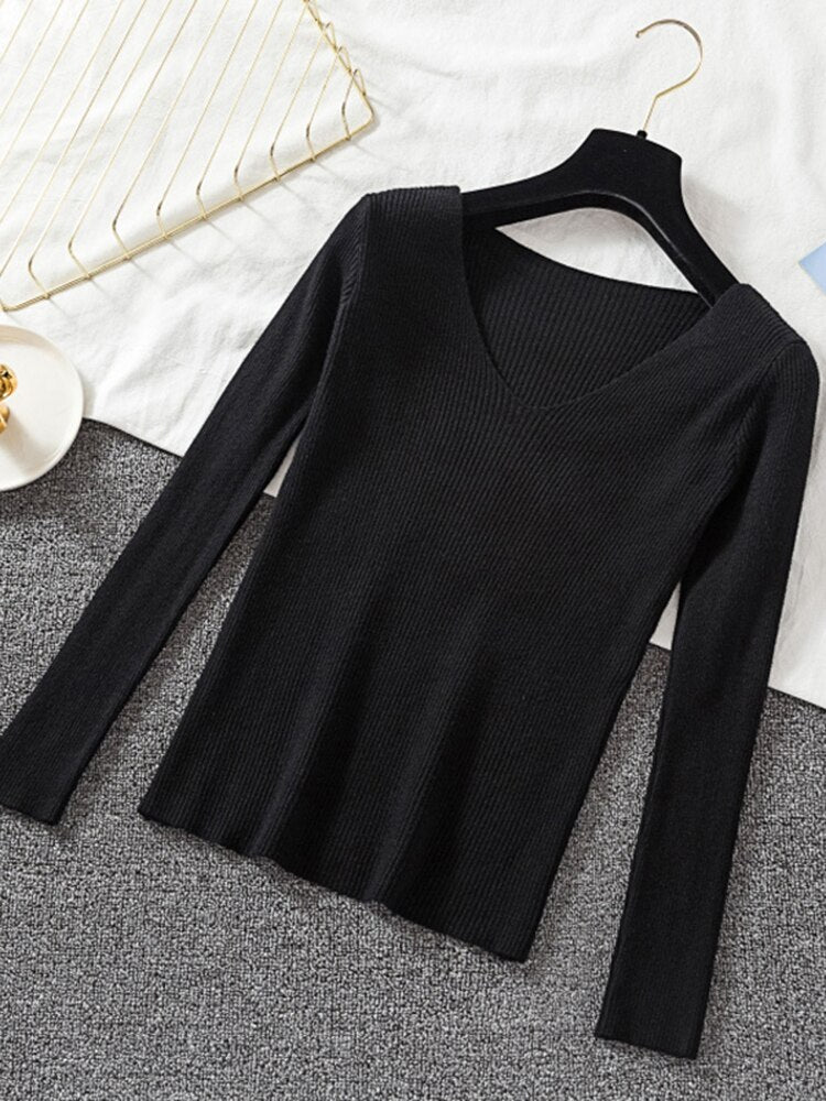 v neck long sleeve knitted pullover black top