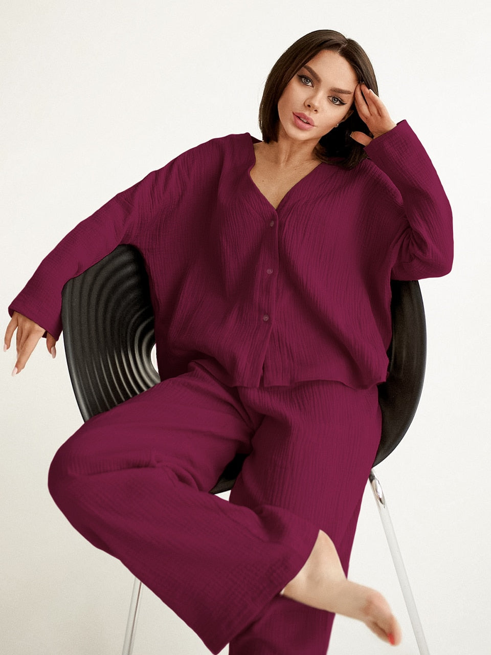 New Linad Khaki Pure Cotton Sleepwear Wine Red