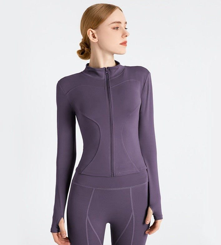 Women Long Sleeve Sports fitness Jacket top Purple L 50-55kg