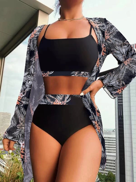 New Sexy Mesh Long Sleeve Black Bikini 3 Sets