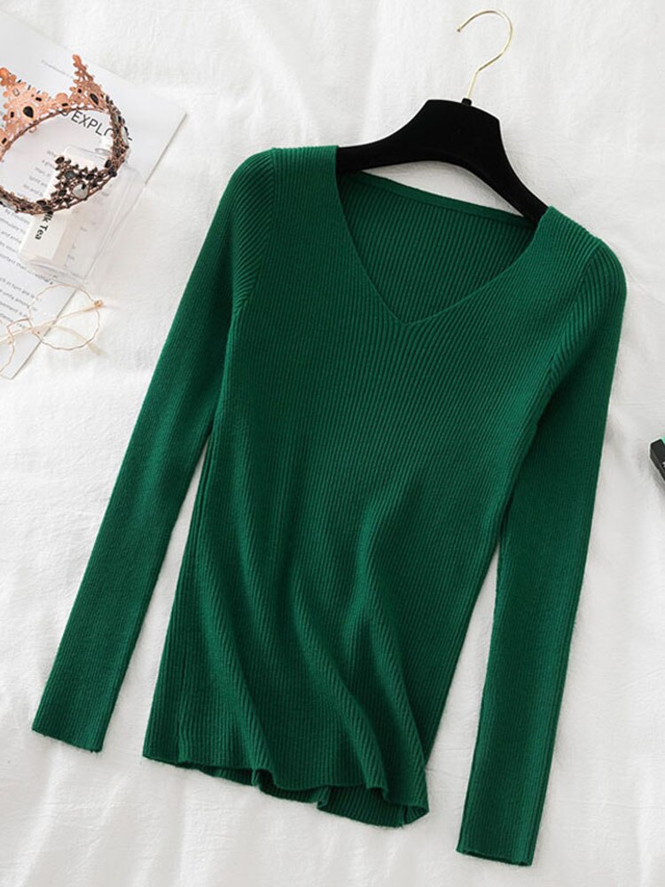 v neck long sleeve knitted pullover green top