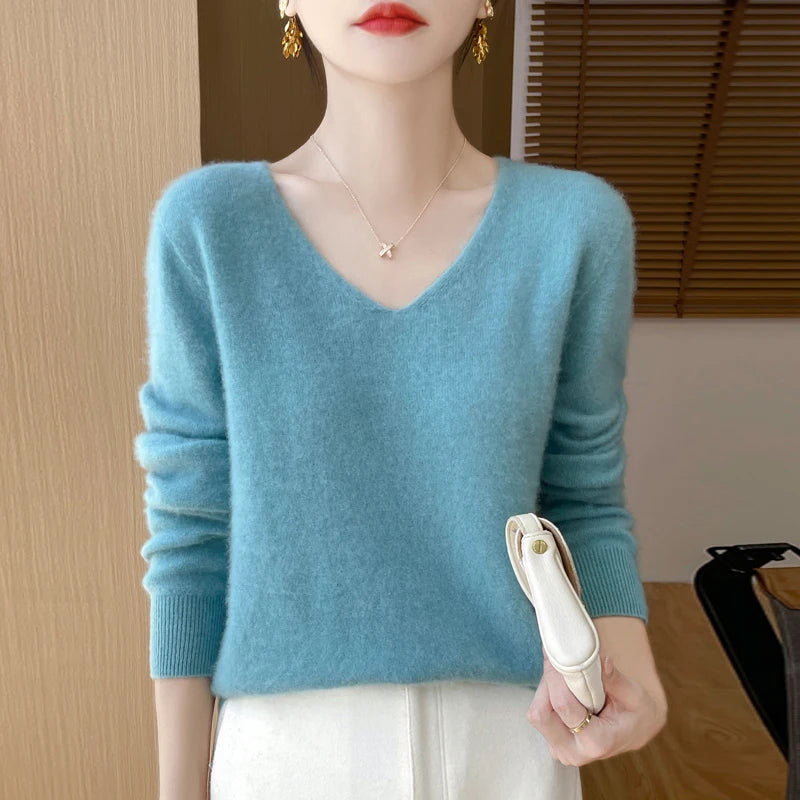 100% Merino Wool V-Neck Sweater Pullover Lake Blue CHINA