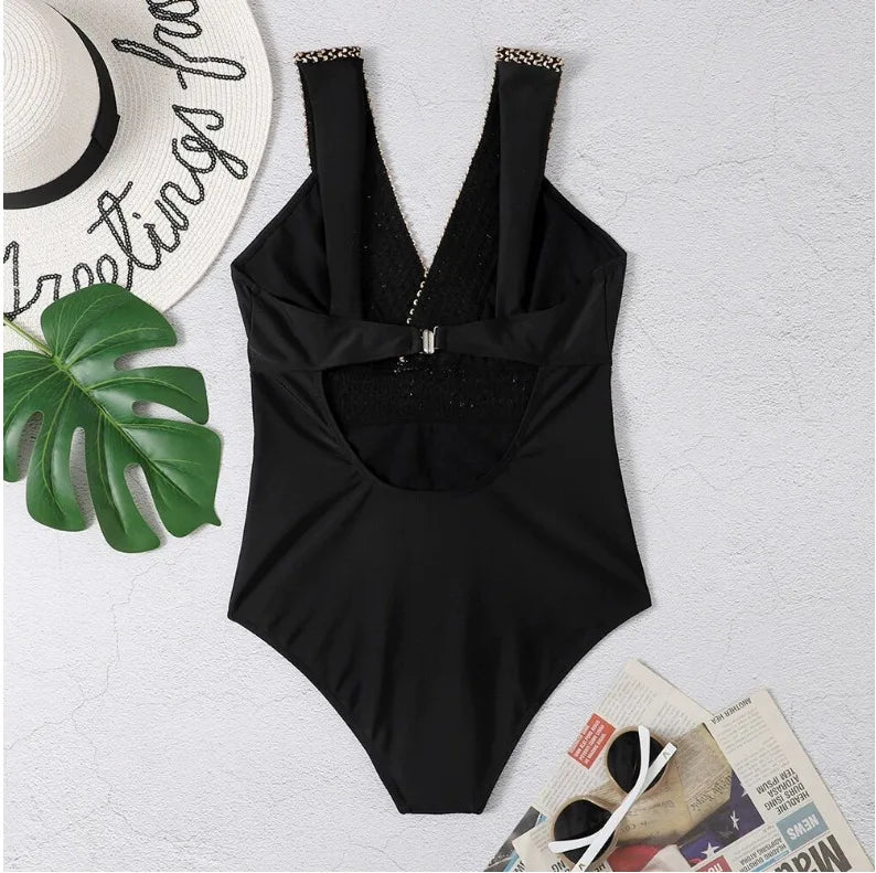 V-neck One Piece Black Sexy Swimwear