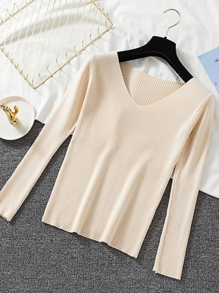 v neck long sleeve knitted pullover beige top