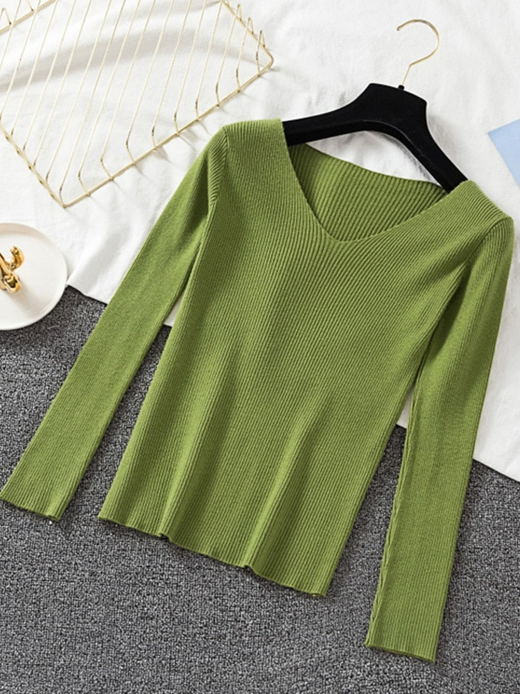 v neck long sleeve knitted pullover green top