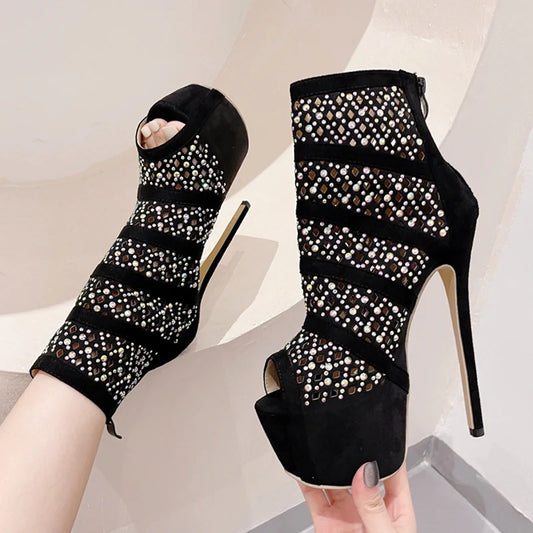 Autumn Hollow Out Rhinestone Mesh Ankle Boots