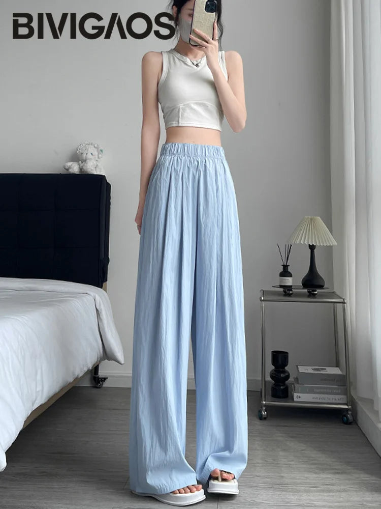 Elasticated waistband Wide Leg Trousers for Women Light Blue