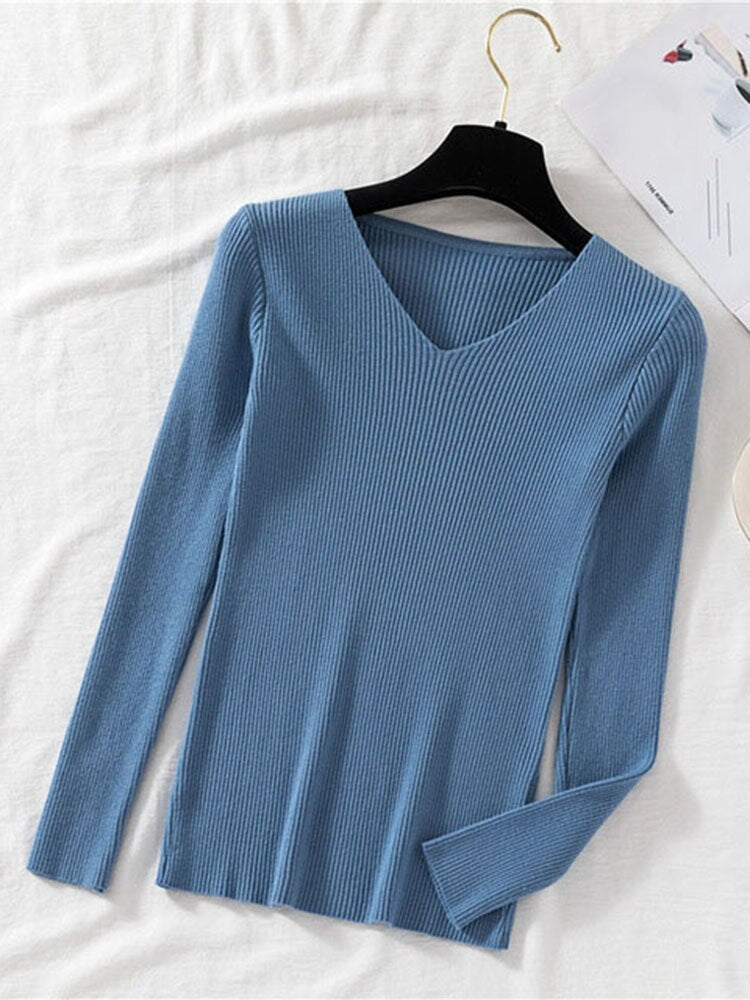 v neck long sleeve knitted pullover blue top