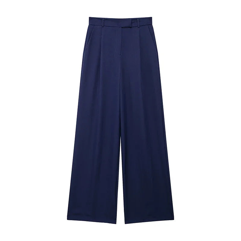 Zipper Straight Vintage High Waist Trousers NavyBlue