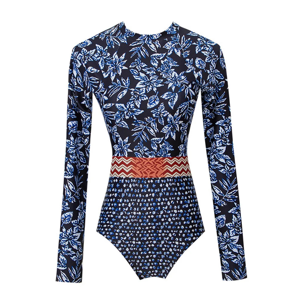 Women Print One Piece Blue Swimwear