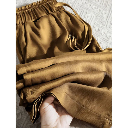 Women Vintage Drawstring High Waist Satin Silk Pants