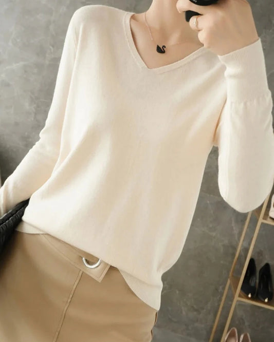 Autumn V-neck Knitted Pullover White Sweater