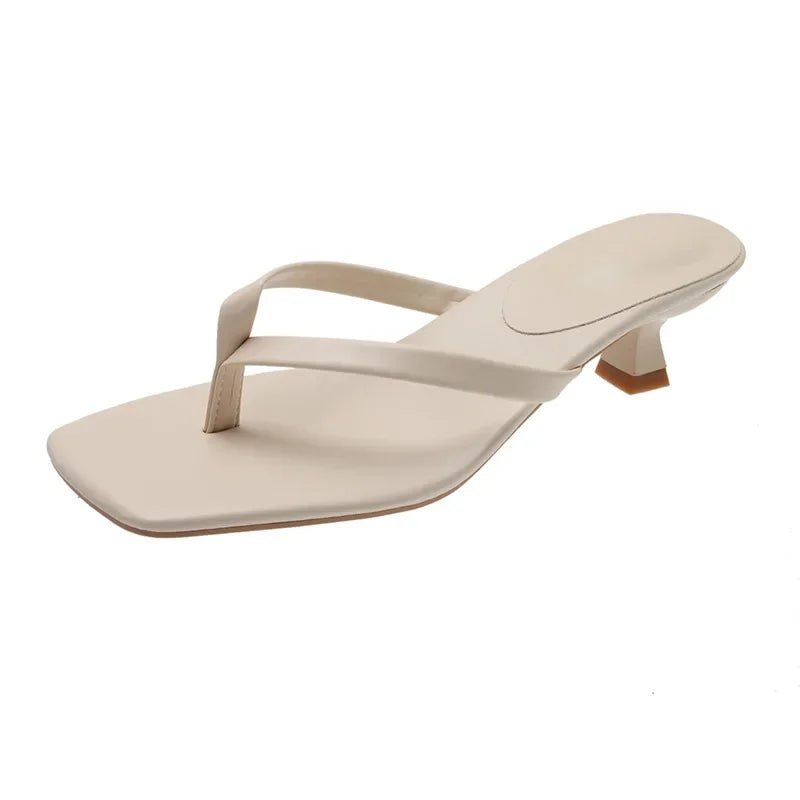 Women's Sandals with Narrow Band and Kitten Heels G-Beige