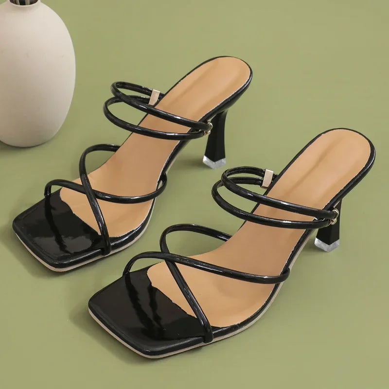 Square Toe cross strap High Heel sandals B-Black