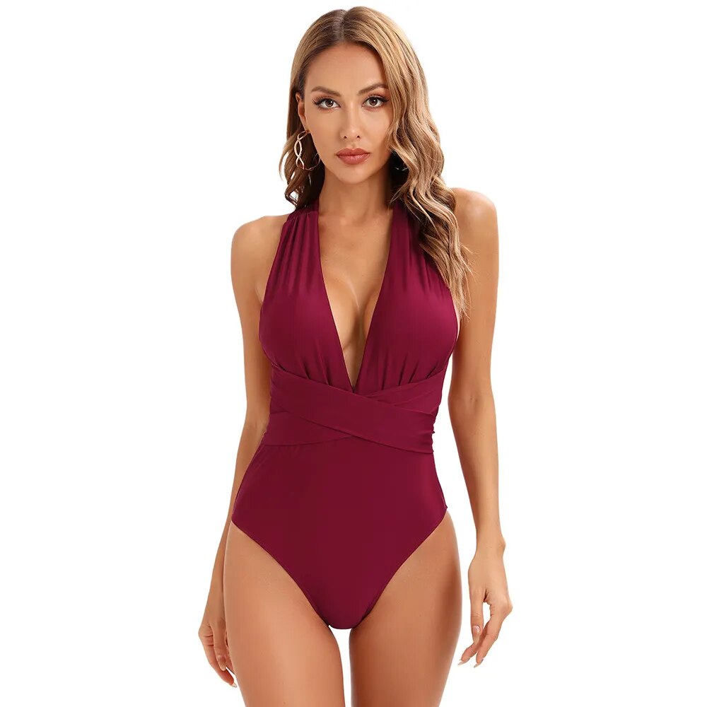 New V-Neck One Piece Red Swimsuit