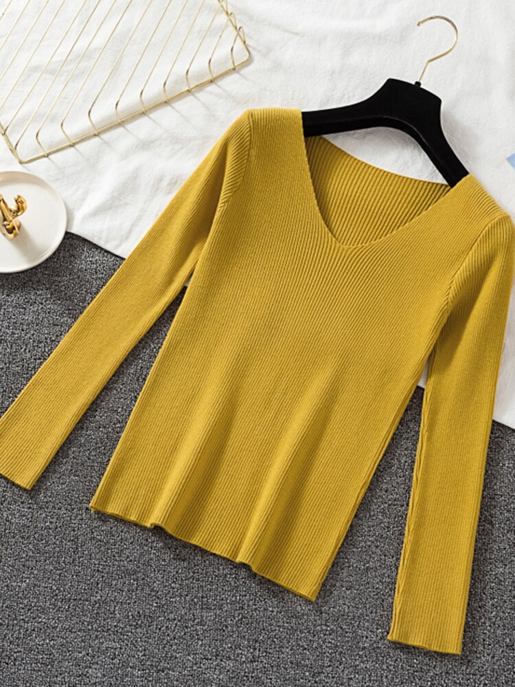 v neck long sleeve knitted pullover top