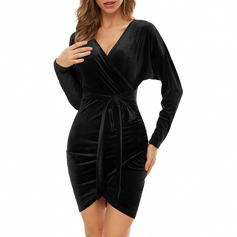 Velvety bodycon wrap Mini Dress G3324 Belts Black