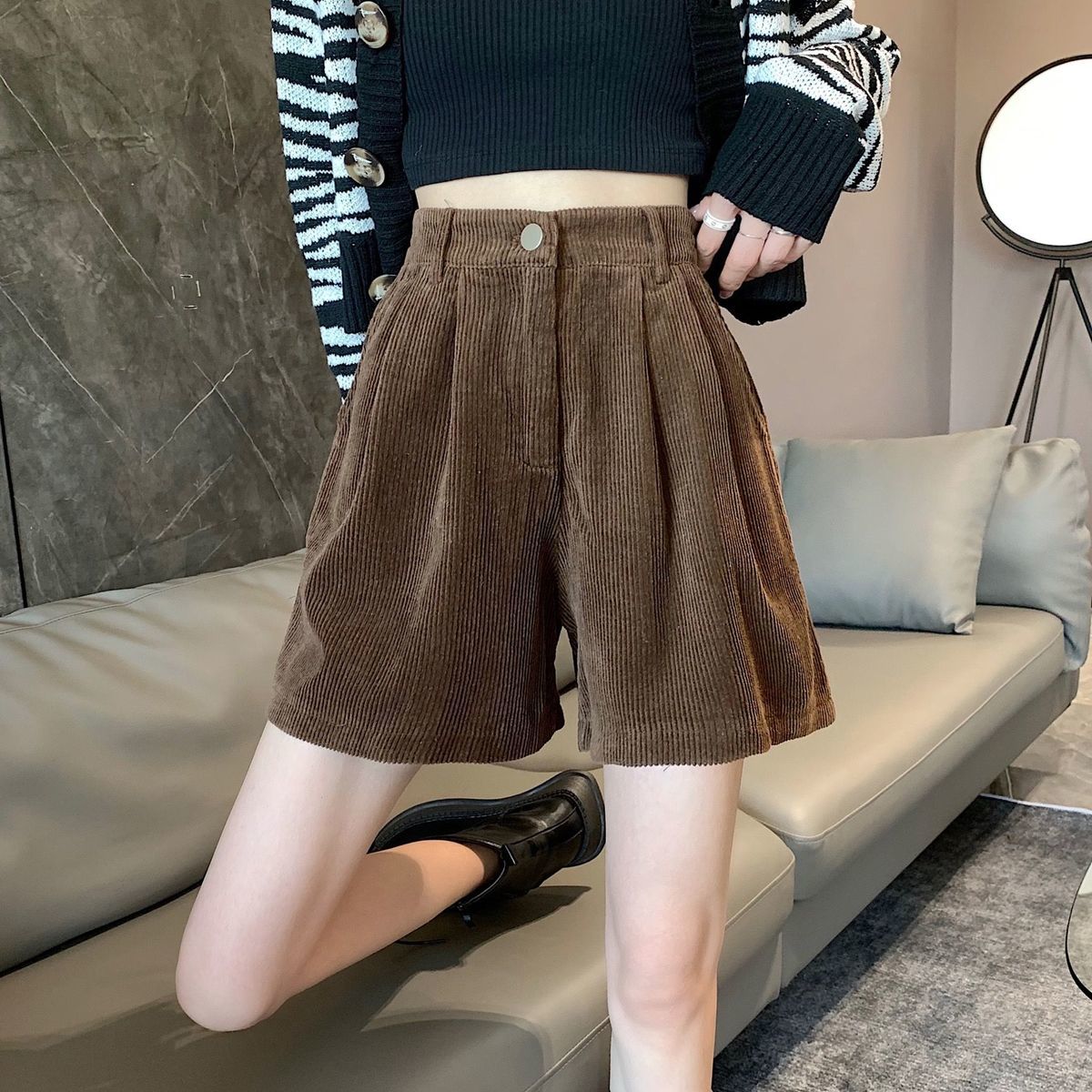 Women Wide Leg Corduroy High Waist Shorts 375 coffee