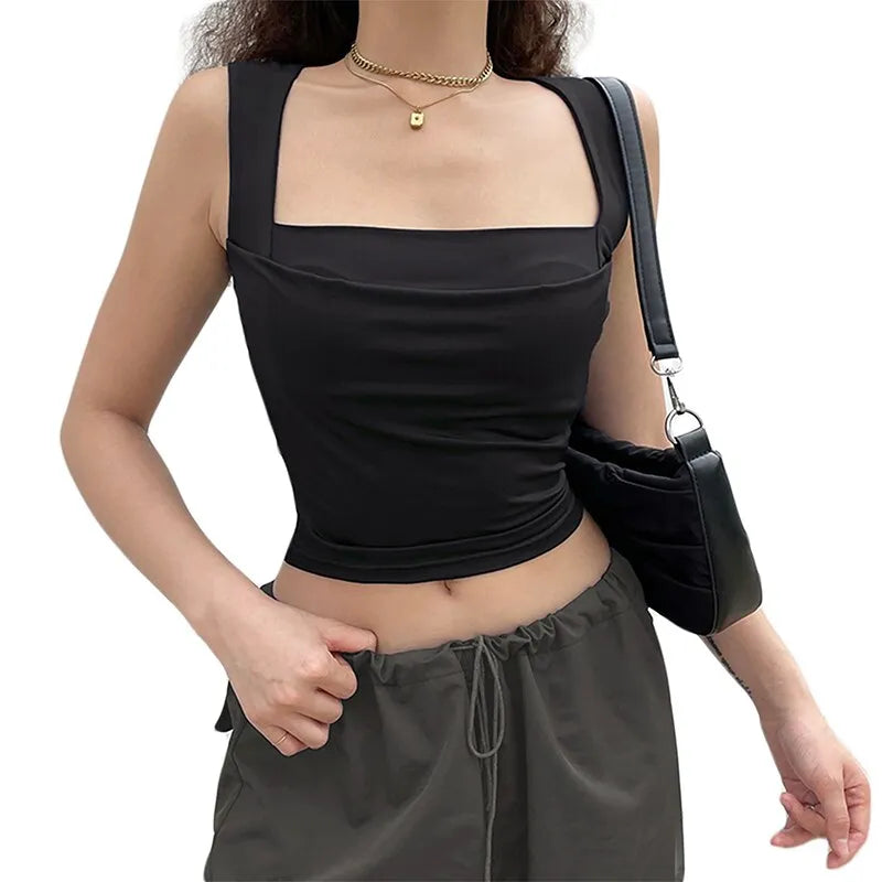 Women Summer Solid Color Slim Fit Crop Tank black  Tops