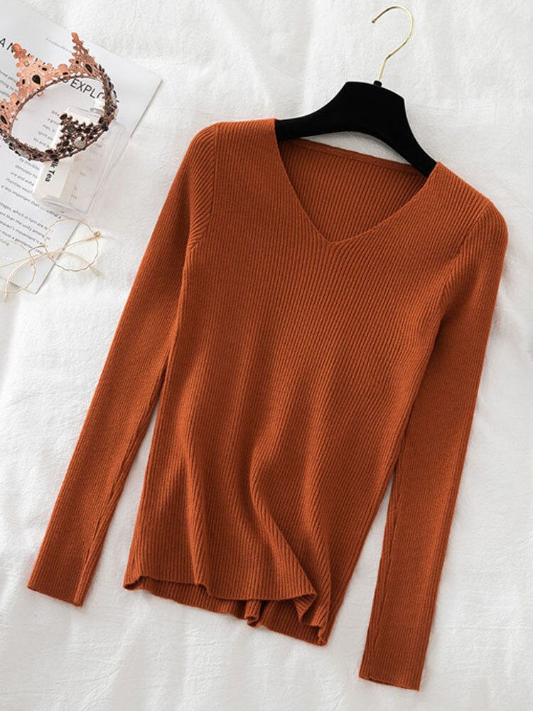 v neck long sleeve knitted pullover top