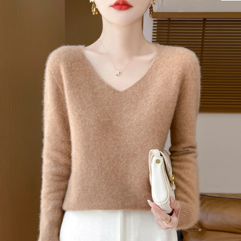 100% Merino Wool V-Neck Sweater Pullover Gold CHINA