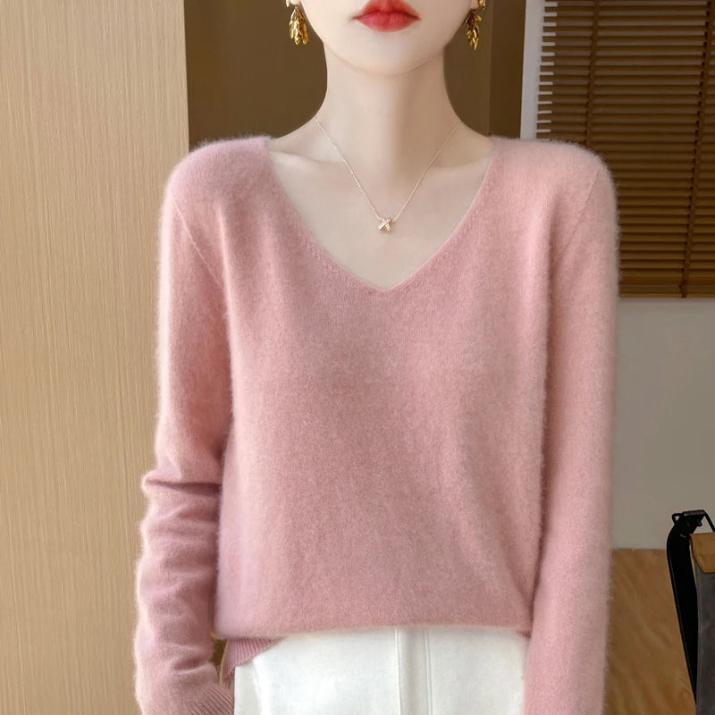 100% Merino Wool V-Neck Sweater Pullover Pink CHINA