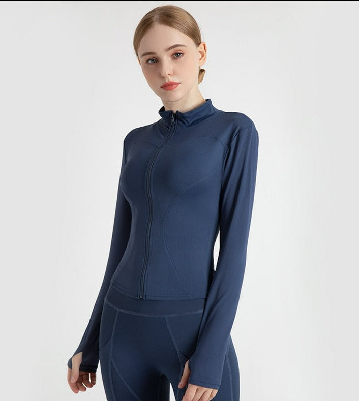 Women Long Sleeve Sports fitness Jacket top Deep Blue XL 55-60kg