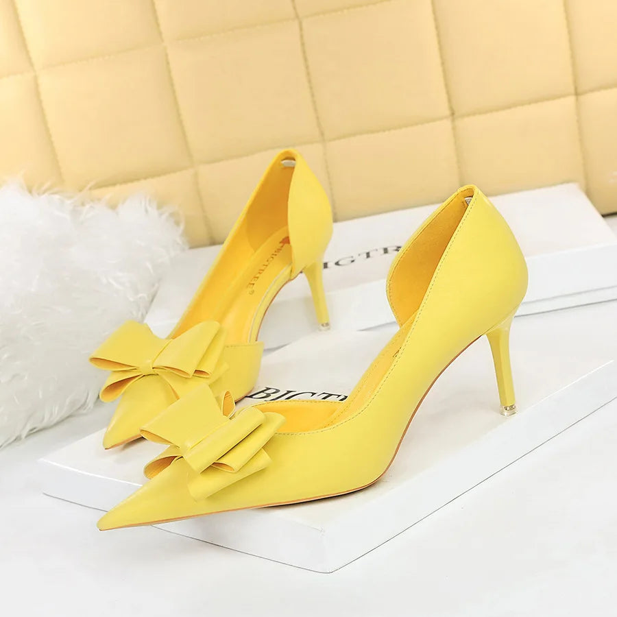 Bow pointed Stiletto high Heel Shoes Yellow7.5cm