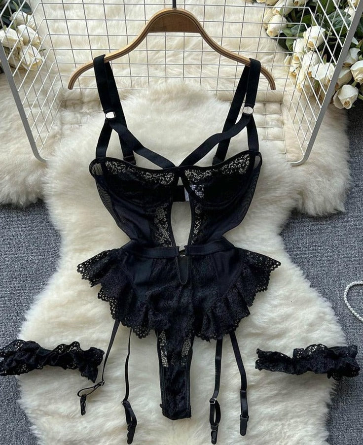 Women Sexy Floral Lace Strappy Bodysuit Lingerie