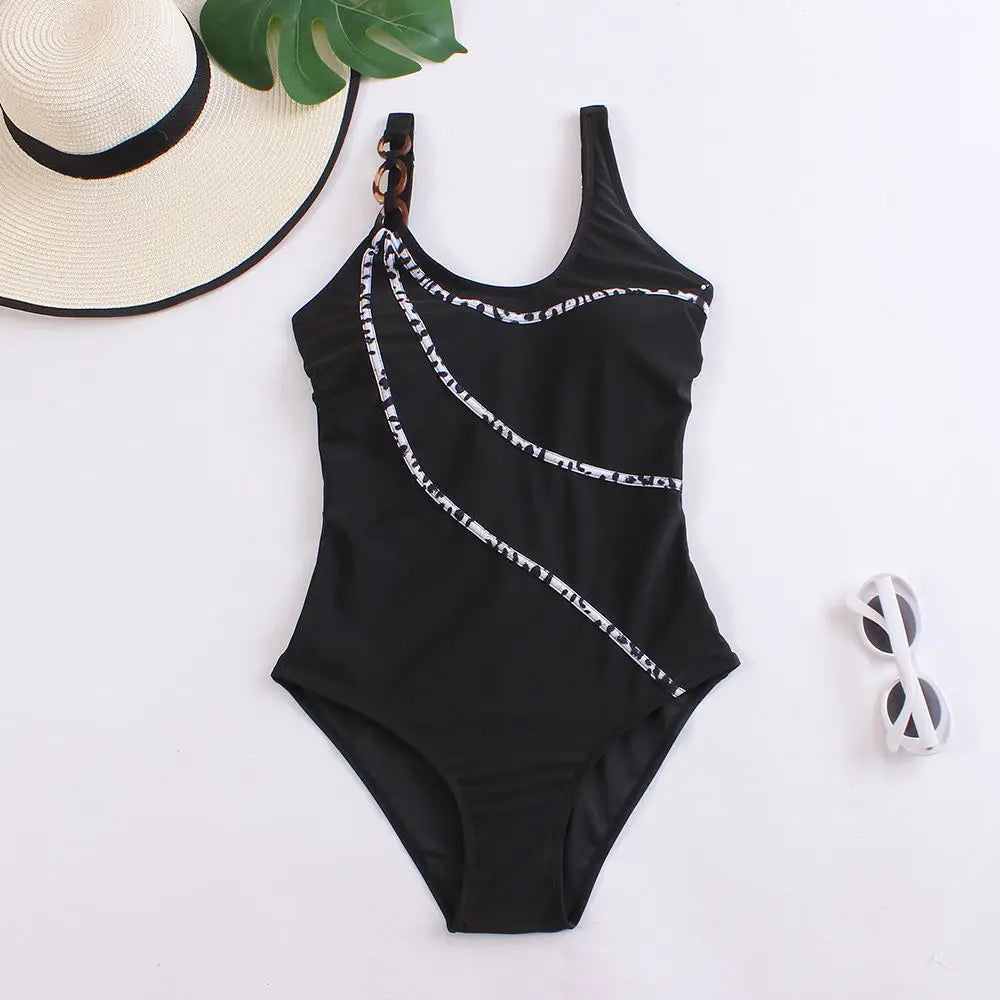 Solid Black Hollow Out One Piece Brazilian Swimwear