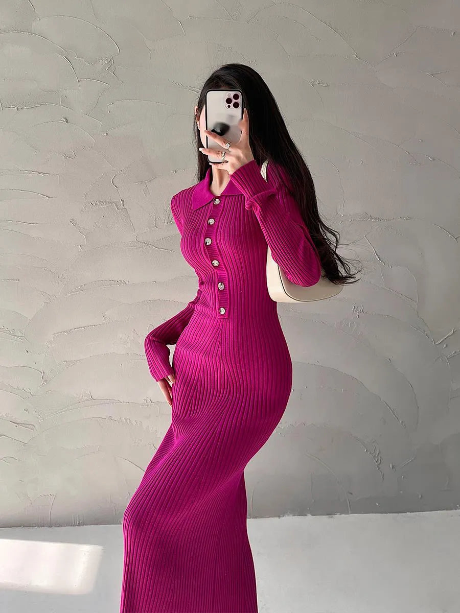 Single Breasted Long-sleeve Knitted Fishtail Dress