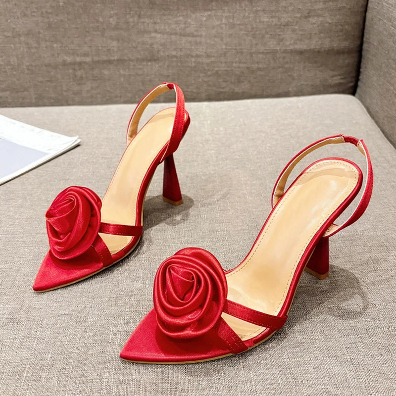 Fashion Satin Rose Flower Pointed Open Toe Back Strap high heels Sandals Red