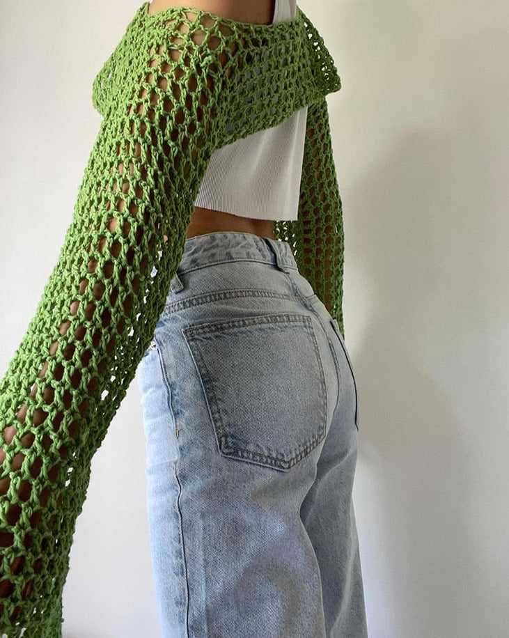 Summer Green Long Sleeve Smock Knitted Crop Top