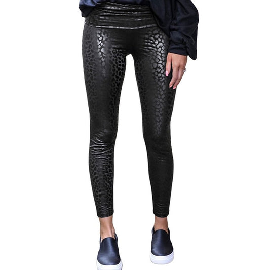 Leopard Textured Stretchy Faux Leather Black Leggings