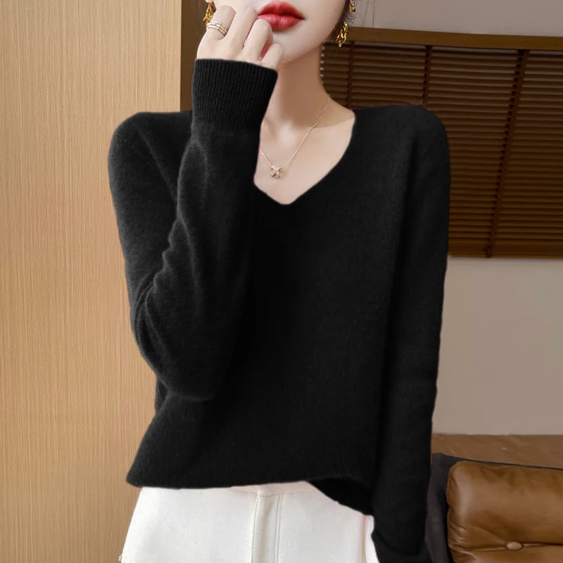 100% Merino Wool V-Neck Sweater Pullover black CHINA