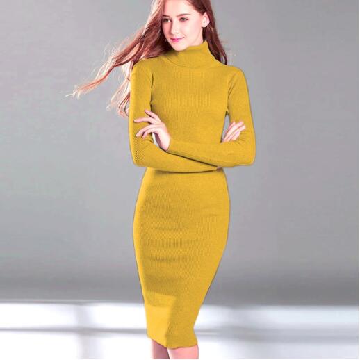 Turtle Neck Ribbed Knitted Dress Yellow One Size