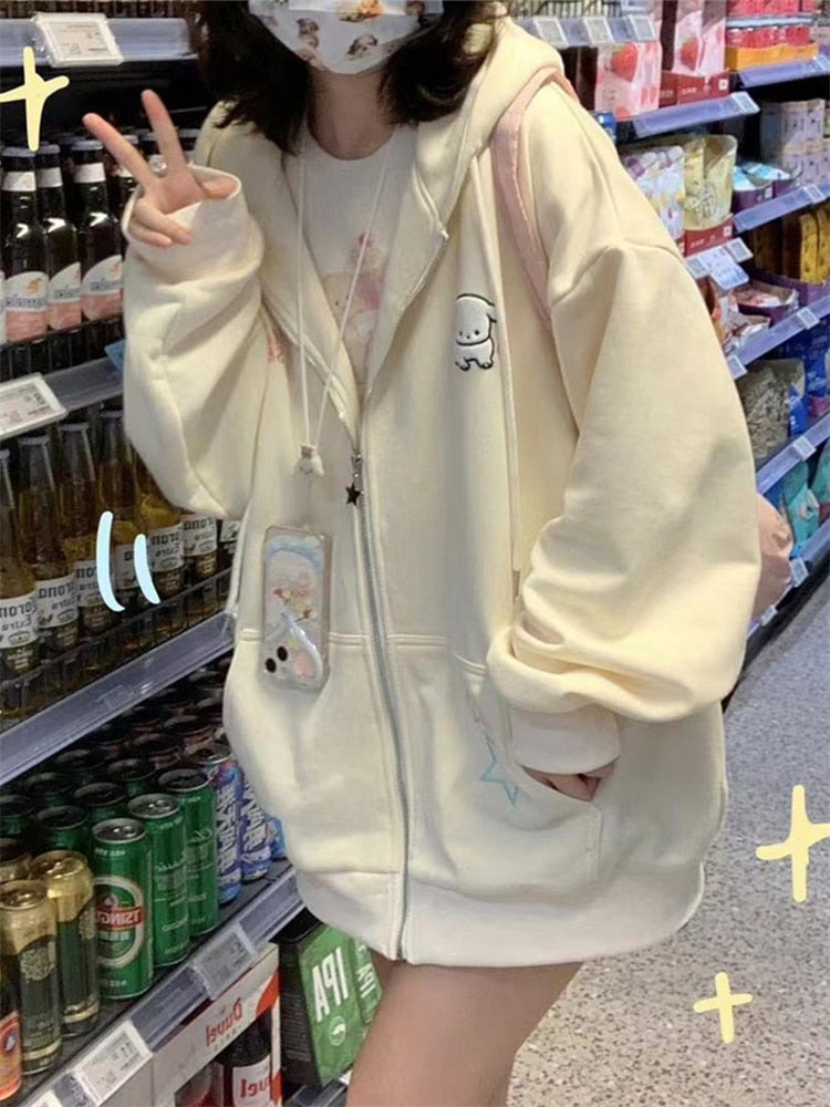 Women Sweet Cute Cartoon Beige Hoodie