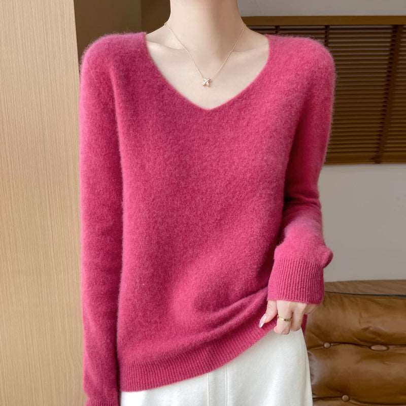 100% Merino Wool V-Neck Sweater Pullover Rose Red CHINA