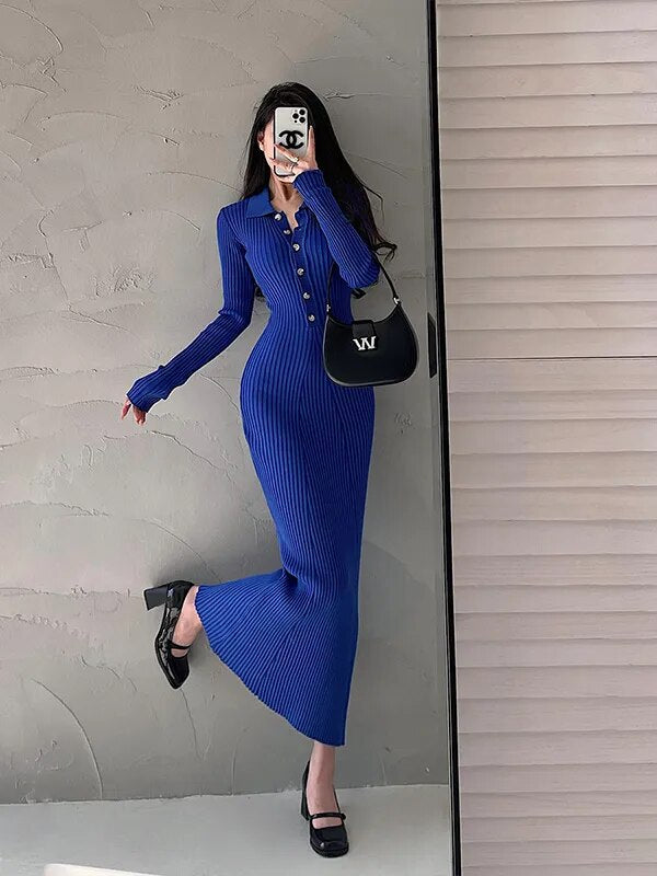 Single Breasted Long-sleeve Knitted Fishtail Dress Deep Blue