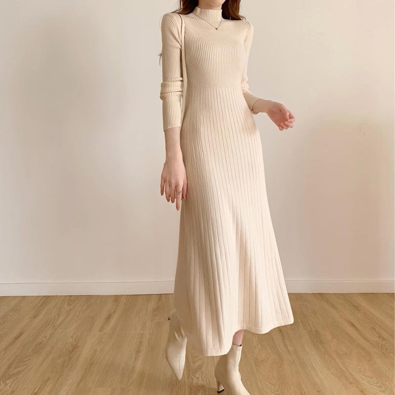 A line Long Sleeve Knitted Mid-calf Fashion Dress APRICOT