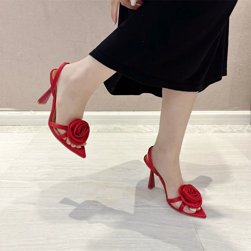 Fashion Satin Rose Flower Pointed Open Toe Back Strap high heels Sandals